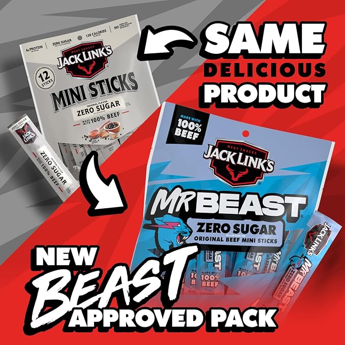 Jack Link’s x MrBeast Zero Sugar Mini Beef Sticks – 6g Protein per 2 Individually-Wrapped Meat Sticks, Made with 100% Real Beef, Perfect for School Lunches, Kids Snacks, 12 Count of .5oz Sticks