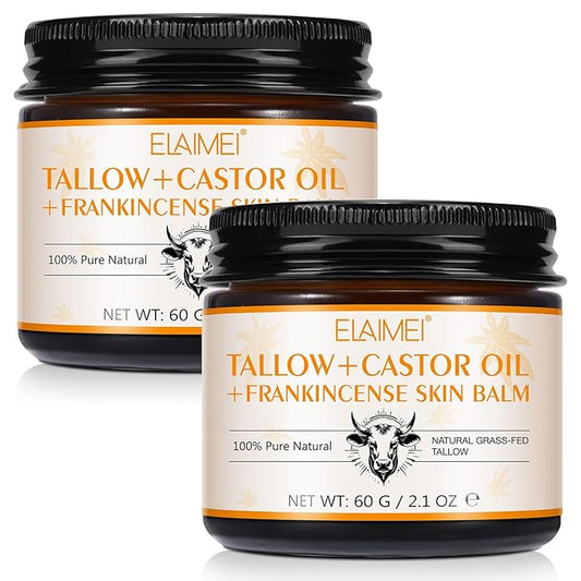 2Pack Tallow, Castor Oil and Frankincense Oil Skin Balm, 100% Grass-Fed Tallow for Face & Body Moisturizer, Deep Moisturizing Cream, Moisturizer for Dry, Cracked Skin, All Skin Types