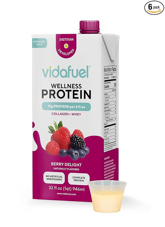 Vidafuel Concentrated Protein Shot - 16g of Protein per 2oz. - Collagen & Whey Protein Drink, No Artificial Sweeteners, 32 fl oz. - Berry, 6 Count
