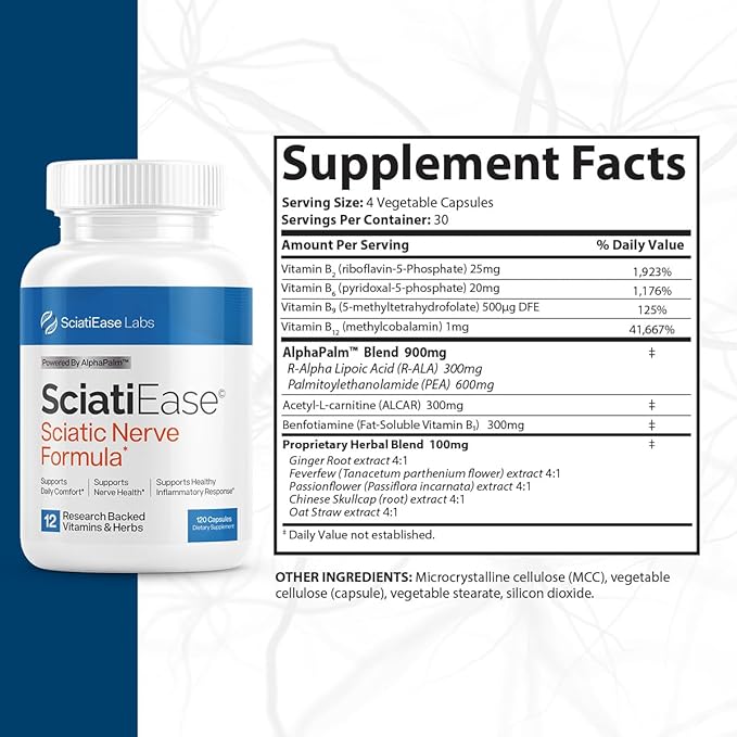 SciatiEase Sciatic Nerve Health Support Supplement - Nerve Support Formula with AlphaPalm, Pea, Vitamin B Complex, Alpha Lipoic Acid 300mg - 3 Bottles