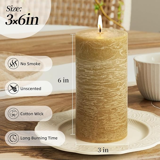 KONNI Wax Yellow Pillar Candles Set of 3, 3"x 6" Unscented Pillar Candles Bulk, 56 Hours Long Burning Candles, Smokeless&Dripless Large Round Candle for Wedding, Home Decoration, Parties, Spas, Dinner