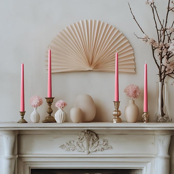 6 PK 10" Classic Taper Candles, Old Rose Pink, 7-8 Hours Long Burning, Unscented Tall Candlesticks