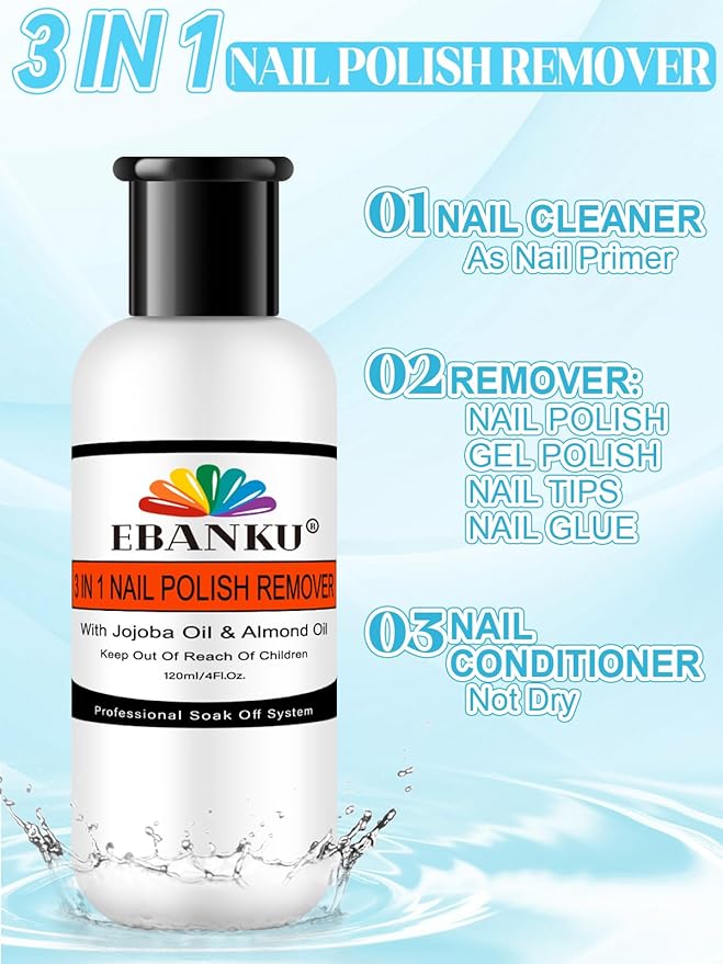 EBANKU Nail Polish Remover Kit, 120ML Professional Soak off Gel Remover with 50pcs Nail Foil and Tools for Nail Moisturizing & Care, Acrylic Dip Powder Nails Remover