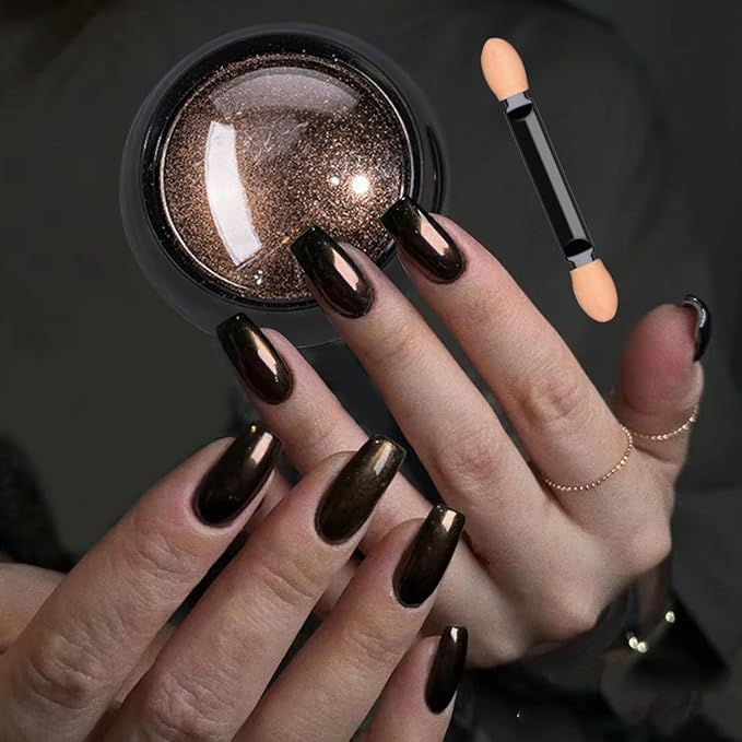 Holographic Mirror Nail Powders Chrome Gold Effect Pure Metallic Dust Sequins UV Gel Nail Chrome Pigment for Nail Art Decoration (Brown)