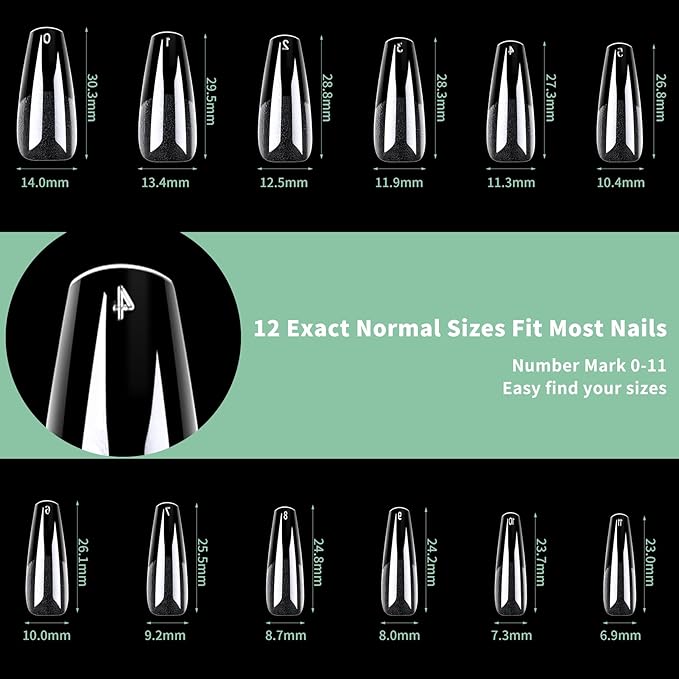 Long Coffin Nail Tips, 216pcs Acrylic Ballerina Fake Nails Soft Gel Nail Tips, Full Cover Pre-Shaped Matte Clear Press on Nails for Extension, Diy at Home Manicure 12 Sizes