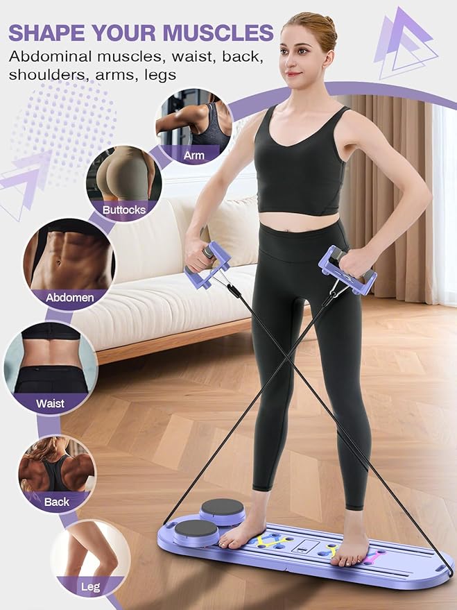 Foldable Pilates Board for Home Workout - Portable Pilates Reformer Machine for Women - 7 in 1 Multifunctional Pilates Reformer Set with Timer for Core Trainer Equipment
