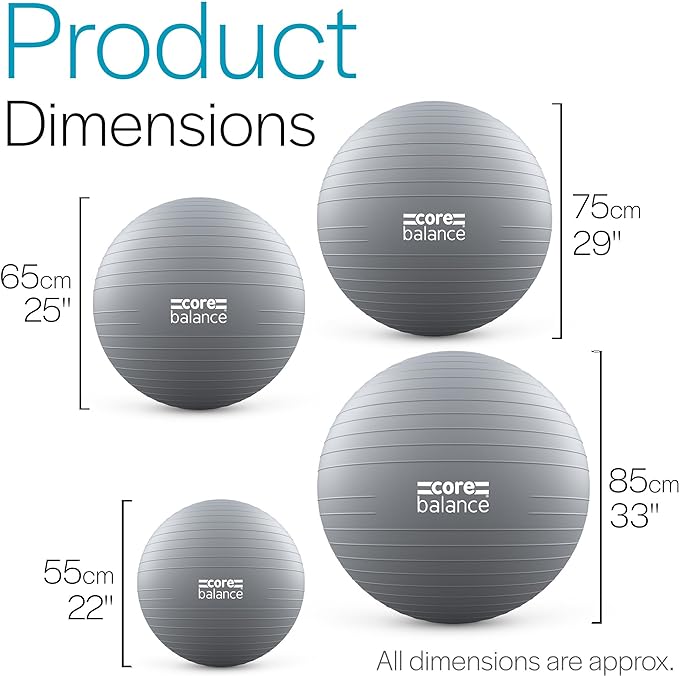 Core Balance Exercise Ball for Workouts, Anti-Burst and Slip Resistant, Swiss Yoga Ball for Pregnancy, Stability, Fitness and Physical Therapy, 4 Sizes, with Pump