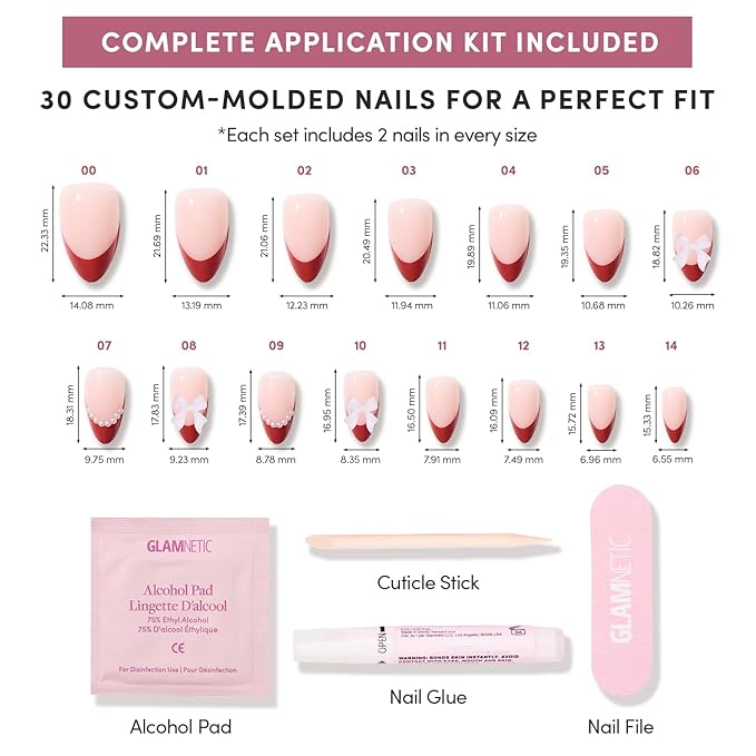 Glamnetic Press On Nails - Ruby Ribbons | Short Almond Fake Nails with Red French Tips & 3D Bows in a Glossy Finish, Salon Quality Holiday Nails | 15 Sizes - 30 Nail Kit with Glue
