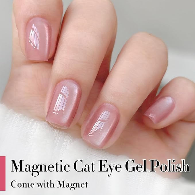 Double Rhythm Jelly Glass Cat Eye Gel Polish with Magnet 15ML Holographic Glitter Shimmer Translucent Sheer Color Magnetic Polish Salon DIY at Home (Jelly Pink Orange-MC1102)