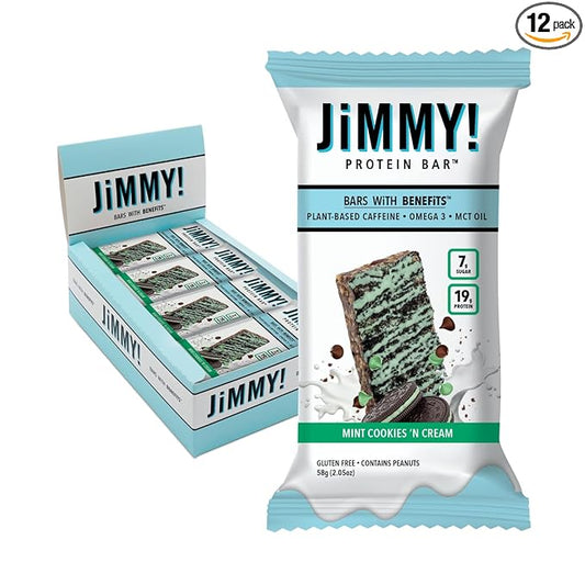 JiMMYBAR! Mint Cookies N Cream - 19g Protein Bars - 7g Low Sugar- 12 Count - 58g Health Bars - Functional Snack with Real Peanut Butter & Hand-Drizzled Chocolate Protein Bar