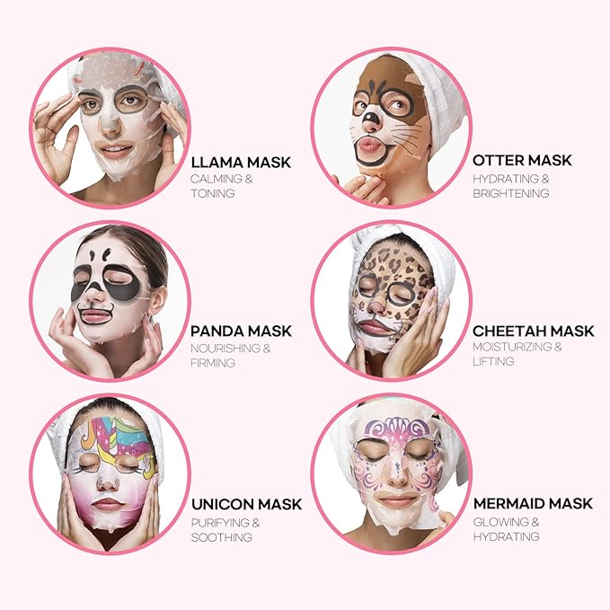 Epielle Animal Character Sheet Masks 12 Pack, Hydrating Face Mask with Hyaluronic Acid & Botanical Extract, Korean Skin Care, Girls Spa Party Favors, Sleepover, Self Care Gifts for Women