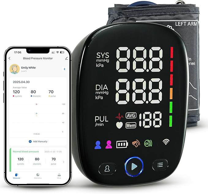 Automatic Upper Arm Blood Pressure Monitor for Home Use – One-Touch, LED Backlit Display, Bluetooth Sync, 8.7"-17.3" Cuff, Dual User 240 Readings, USB-C/Battery (4AA Included)