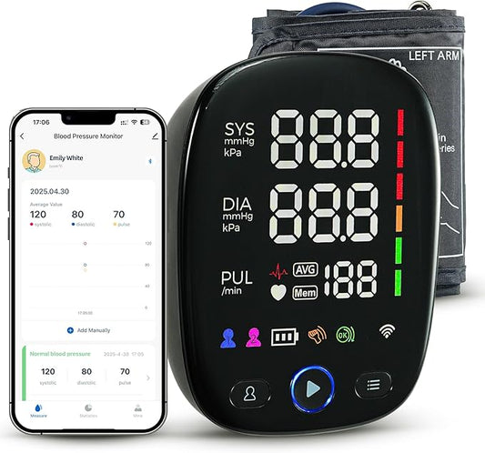 Automatic Upper Arm Blood Pressure Monitor for Home Use – One-Touch, LED Backlit Display, Bluetooth Sync, 8.7"-17.3" Cuff, Dual User 240 Readings, USB-C/Battery (4AA Included)