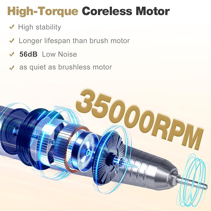 Professional Portable Nail Drill, 2-in-1 AZ GOGO 35000RPM Rechargeable Cordless Electric Nail Drills for Acrylic Gel Nails - 60W Coreless Motor Quieter, High Efficiency Pro E-File for Salon & Home