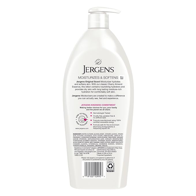Jergens Original Scent Dry Skin Body Lotion, Hand and Body Moisturizer, Cherry Almond Essence, Dermatologist Tested, 32 Oz