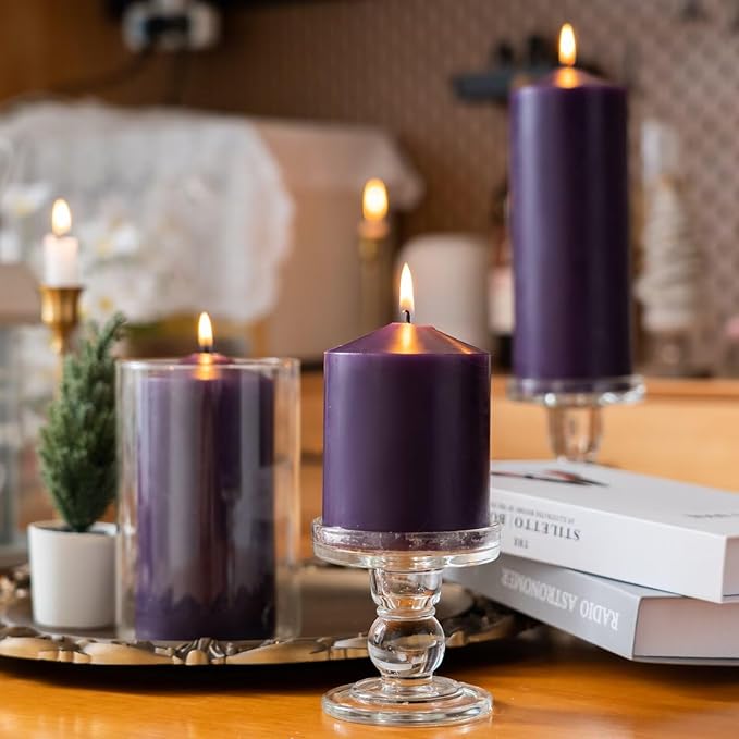 MOZEAL 3" x 4" Hand-Poured Unscented Dark Purple Pillar Candles,Dripless Candles Set of 3,Smokeless,Clean Burning,Approx 60 Hours Burn Time,Wedding,Dinner,Christmas and Home Decor（3 Inch Width Series）