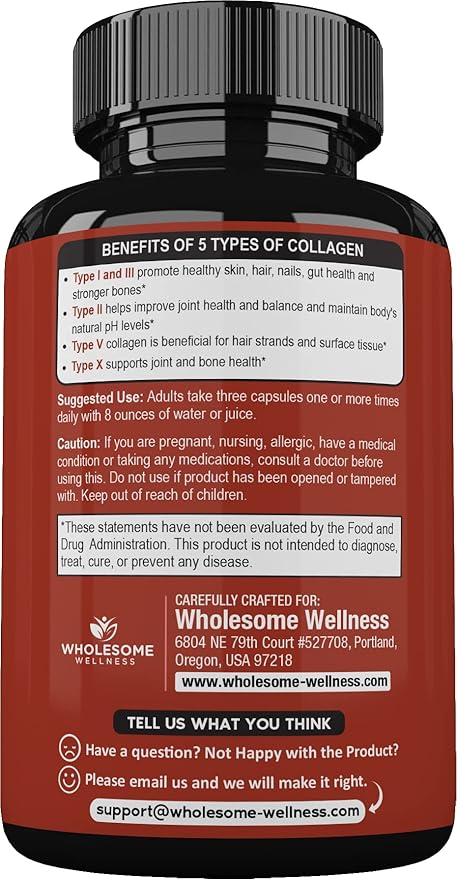 Wholesome Wellness Super-Absorb Multi Collagen Pills (Type I II III V X) Organic Herbs & Bioperine - Hair, Skin, Nails - Hydrolyzed Peptides Protein Supplement for Women & Men (90 Capsules)