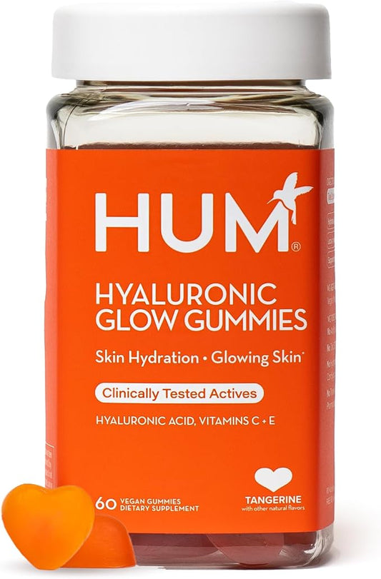 HUM Hyaluronic Glow Hydrating Skin Care Supplement, with Low Molecular Hyaluronic Acid, Vitamin C from Amla Fruit, and Vitamin E, Antioxidant Support for Skin Hydration, Tangerine, 60 Vegan Gummies