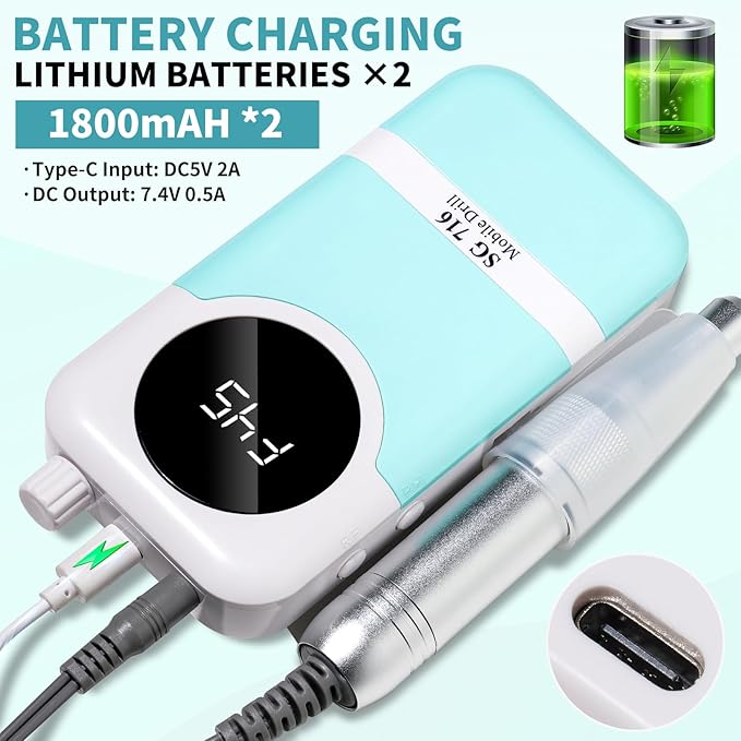 LIMEGIRL Professional Electric Nail Drill Kit 45000RPM Portable Cordless Toenail Cordless Toenail Machine with 14 Drill Bits and Base for Women (Blue)