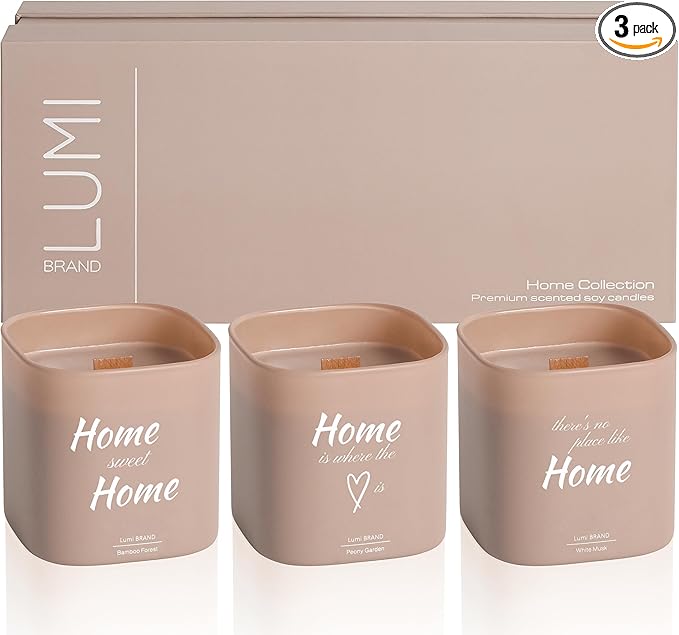 Set of 3 Scented Soy Candles Gift Set | Home Collection | White Musk, Bamboo Forest & Peony Garden | Crackling Wood Wick | 50+ HR Burn, 9.8oz Each | Luxury Soy Candle Gift for Women & Home