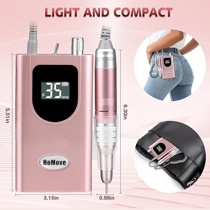 Professional Nail Drill Machine, HoMove 35000RPM Portable Nail Drills, Rechargeable Efile Nails Drill, Low Heat Electric Nail File for Acrylic Gel Nails(Rose Gold)