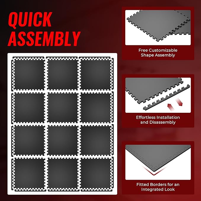 SUPERJARE 0.79'' Extra-Thick Exercise Equipment Mats, 12 Pcs 48 Sq Ft Rubber Top Floor Tiles with High Density EVA Foam, Interlocking Gym Flooring for Home Gym, Workout Mat, Black