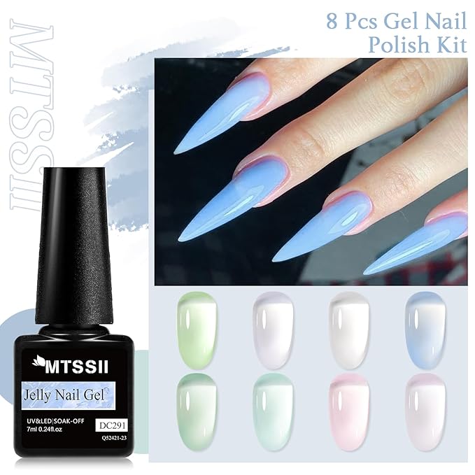 MTSSII Jelly Green White Gel Nail Polish Set, 8 Transparent Colors Sheer Gel Nail Kit for Salon Sage Green Gel Manicure and Nail Art DIY at Home for Girls Women