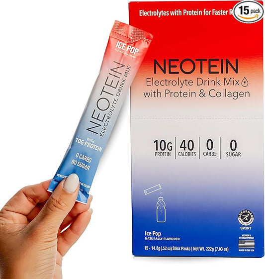 NEOTEIN: Electrolyte Powder Packets with 10g Protein & Collagen | Hydration Packets - Zero Sugar, NO Fillers, NO Carbs | Ice Pop | 40 Calories | Keto & Paleo | Pack of 15