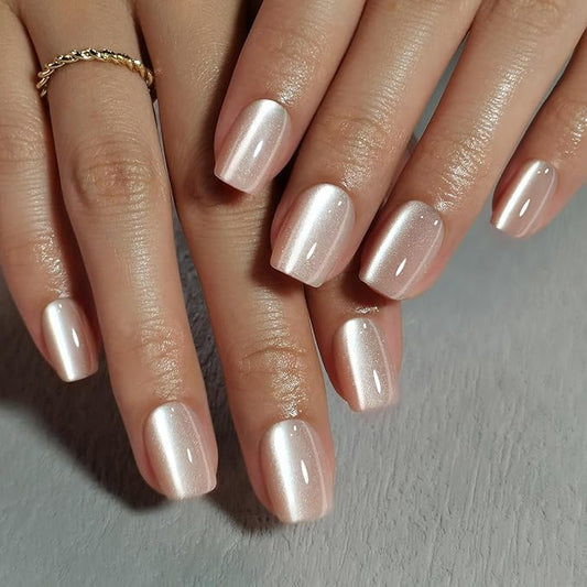 Cat Eye Nude Press on Nails Square - Soft Gel Press on Nails Short for Women Gift, Fit Perfectly & Natural Stick on Nails with Glue in 16 Sizes - 32 Reusable Fake Nails, Light Nude