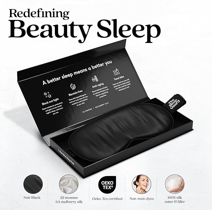 TheSleepGuard Pure Silk Sleep Mask [100% 6A Mulberry Silk, 22 Momme] Light Blocking Travel Essentials. Eye Masks for Sleeping. Black Oeko-Tex Blindfold. Eye Covers for Men & Women