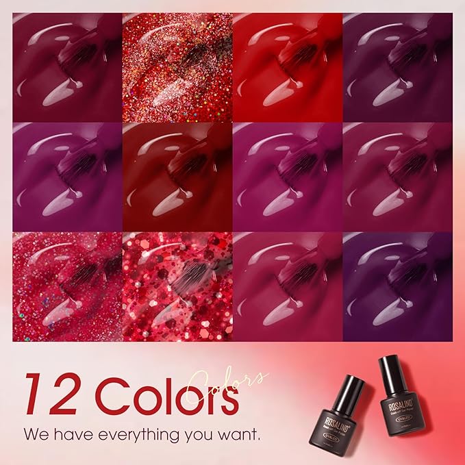 ROSALIND Christmas Red Gel Polish, 12 Colors Burgundy Glitter Red Nail Polish for Nail Art, Bloody Mary Collection Cherry Wine Colors Winter U V Gel Nail Polish Gift