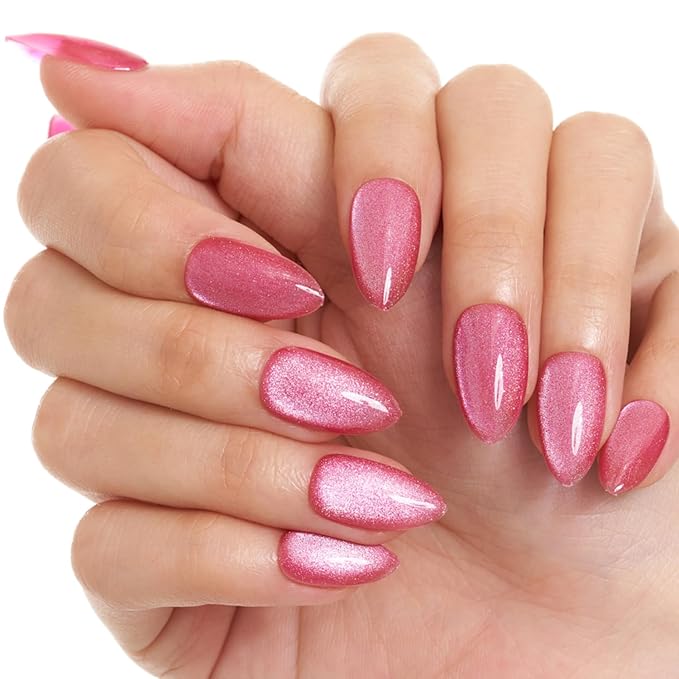 GLAMERMAID Pink Magnet Cat Eyes Press on Nails Short Almond, Handmade Jelly Gel Fake Nail Kits, Ombre Glitter Magnetic Glue on Nail Stiletto, Pink Aurora Medium Oval Stick on False Nail Set for Women