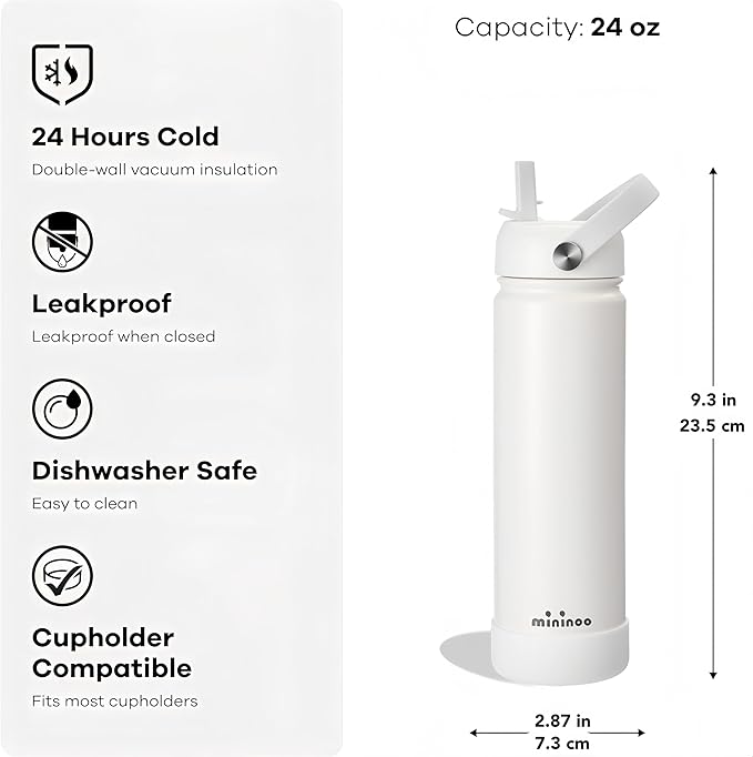 Insulated Stainless Steel Water Bottle with Straw, Ceramic-Lined, BPA-Free & Leak-Proof, 24 oz, White