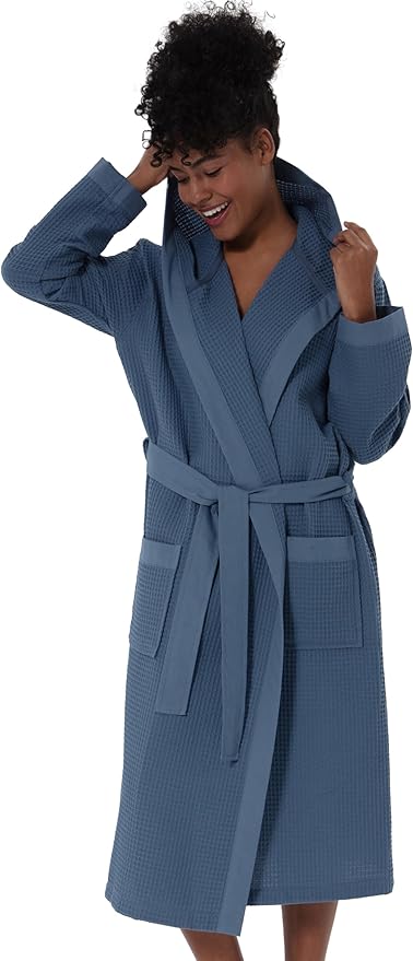 SEYANTE Women’s Luxury Waffle Shawl Collar, Hooded Robe w Piping – Lightweight, Long, Ultra Soft Spa Sleepwear Bathrobe