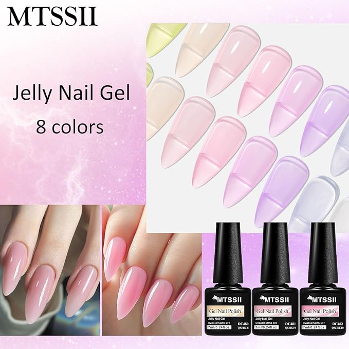 MTSSII Purple Grape Jelly Gel Nail Polish Set, 8 Transparent Colors Sheer Pastel Pink Violet Lavender Yellow Nail Polish Soak Off U v LED Gel Nail Kit Diy Nail Art Manicure at Home Gift for Women