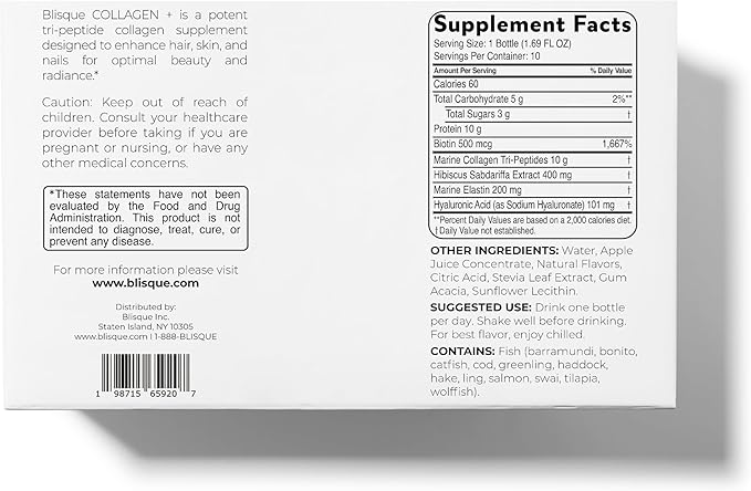 Blisque - Liquid Collagen Tri-Peptide Complex | with Biotin and Hyaluronic Acid | for Hair, Skin, and Nails | 10 Bottles | 10-Day Supply