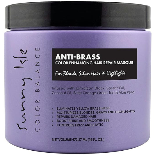 Sunny Isle Anti-Brass Color Enhancing Purple Hair Repair Masque 16oz | Neutralizes Yellow Undertones & Brassiness | Deep Conditioner Treatment Toner for Blonde, Silver, Gray Hair & Highlights