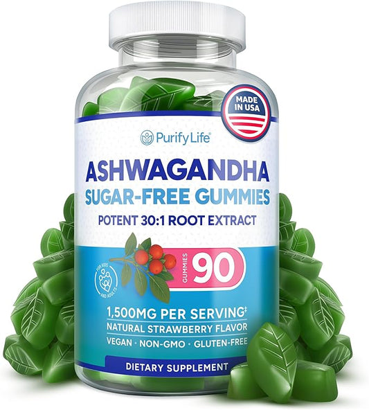 Sugar-Free Ashwagandha Gummies for Stress, Sleep & Mood Support - High-Potency 30:1 Ashwagandha Supplement Extract - Vegan Adaptogen Supplement for Women & Men, Natural Flavor, Plant-Based, 90 Gummies