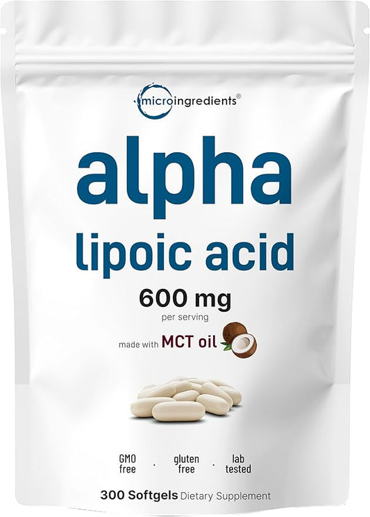Micro Ingredients Alpha Lipoic Acid 600mg with MCT Oil, 300 Softgels | ALA Supplement for Liver, Antioxidants, Nerve, Cardiovascular Health Support | Non-GMO, Gluten-Free, Soy-Free