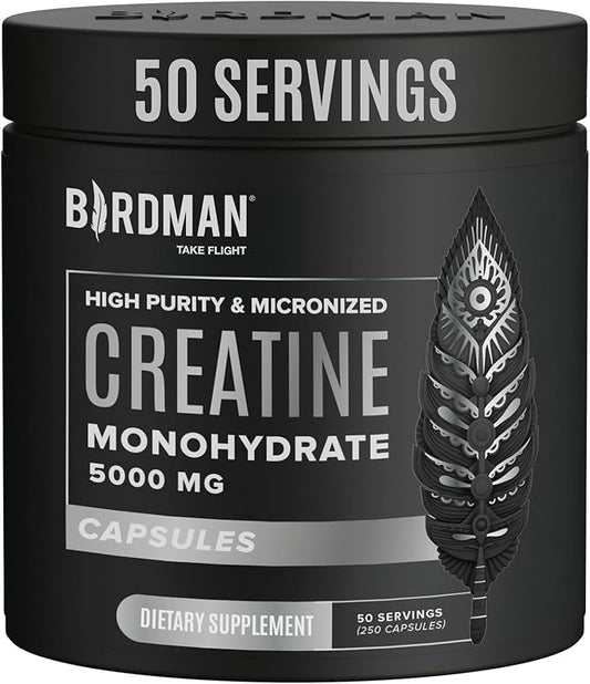 BIRDMAN Micronized Creatine Monohydrate Capsules for Muscle Growth & Recovery, Pre & Post Workout, Vegan Creatine, Caffeine Free, Gluten Free, Sugar Free | 50 Servings | 250 Capsules
