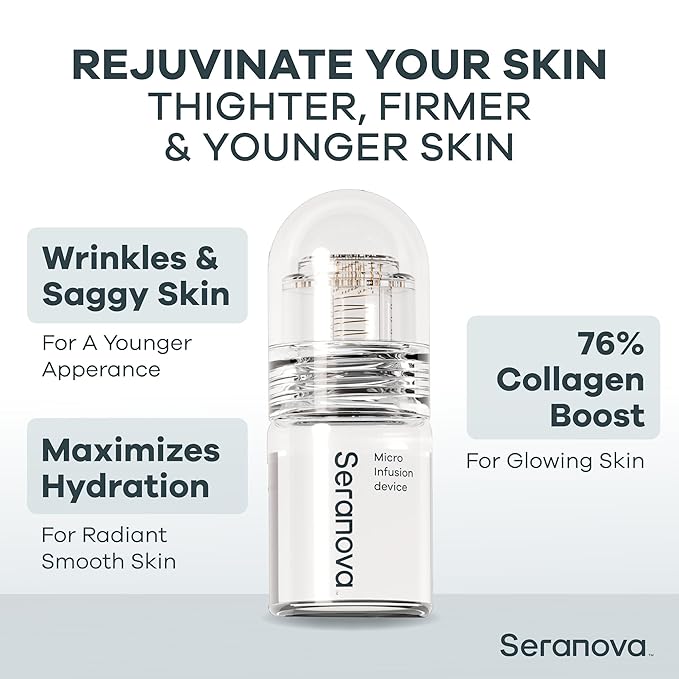 Seranova Micro Infusion System for Face & Neck 0.05mm Stamp with Hyaluronic Acid & Collagen Peptide Serum for Firmer Smoother-Looking Skin, Easy 5-Minute At-Home Skin Care Application - 3 Month Supply