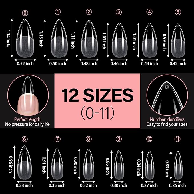 AILLSA Long Almond Nail Tips Full Cover Clear Gelly Nails Tips Half Matte Acrylic Tips Pre-Filed Fake Press on Nail Tips for Extension Home DIY Salon Manicure 216PCS 12 Sizes