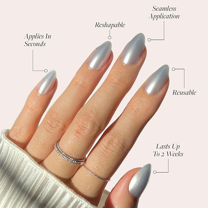 Glamnetic Press On Nails - Something Blue | Short Almond Fake Nails, Baby Blue with a Glossy Glazed Finish, Salon Quality | 15 Sizes - 30 Nail Kit with Glue