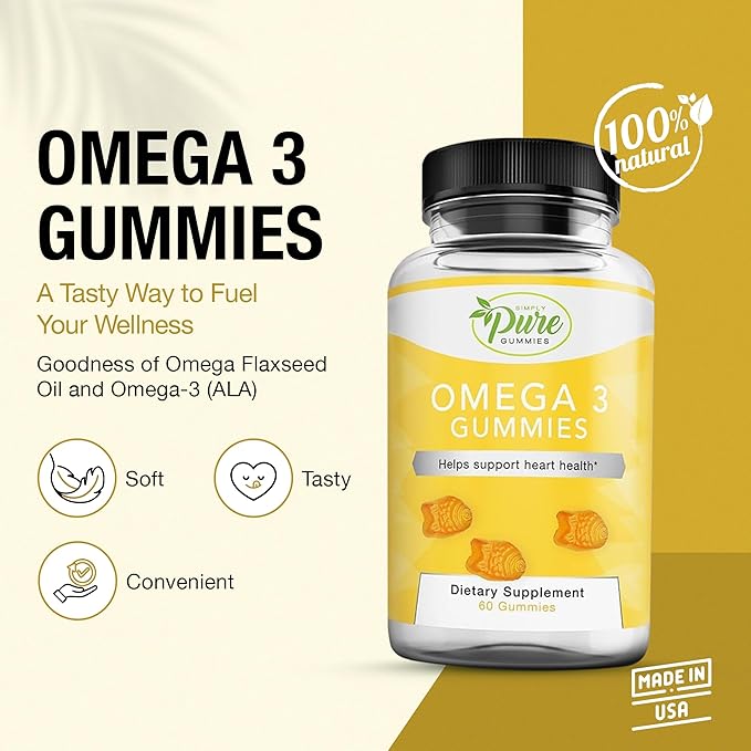 Pure By Nature Omega 3 Gummies for Adults & Kids, Omega 3 Fatty Acid Supplements with Omega 3 6 9 for Circulatory Support, No Fish Oil Orange Flavor Omega Gummies, 60 Days Supply (60 Count)