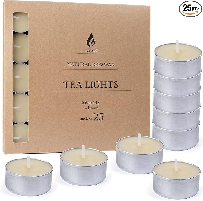 25-Pack Pure Beeswax Tealight Candles in Aluminum Cups - 4-5 Hour Burn Time, Lead-Free Cotton Wick, Natural Unscented Candles，White