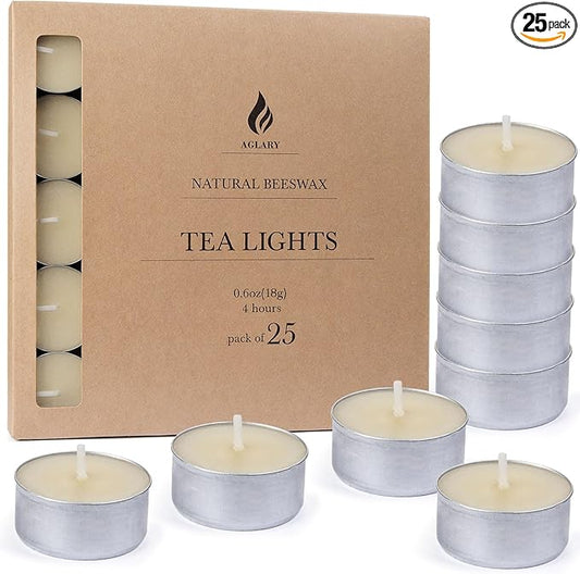 25-Pack Pure Beeswax Tealight Candles in Aluminum Cups - 4-5 Hour Burn Time, Lead-Free Cotton Wick, Natural Unscented Candles，White