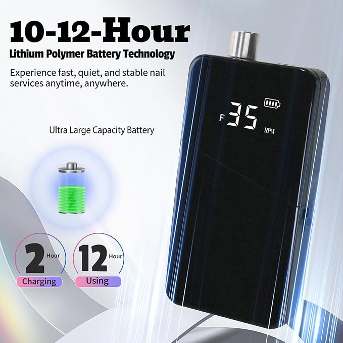 Electric Nail Drill Machine 35000RPM Professional Portable Nail File Cordless Rechargeable Nail Efile for Acrylic Gel Nails Manicure Pedicure Polishing Shape Tools for Salon (Black)