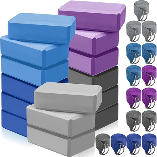 Wettarn 30 Pack Yoga Block and Strap Set 15 Pcs Non-Slip Yoga Blocks with 15 Pcs Metal D Ring Stretching Exercise Workout Fitness Accessory for Gym