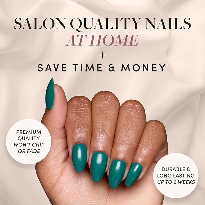 Glamnetic Press On Nails - Emerald Green | Opaque Cool Tone, Deep Emerald Green Short Almond Fake Nails, Salon Quality | 15 Sizes - 30 Nail Kit
