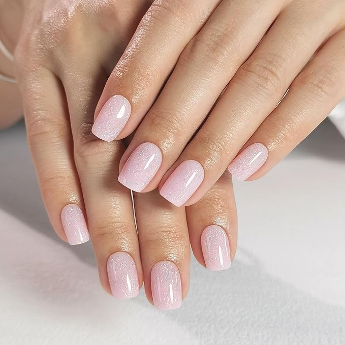 Press on Nails Square - Soft Gel Pink Press on Nails Short for Women Gift, Fit Perfectly & Natural Stick on Nails with Glue in 16 Sizes - 32 Reusable Fake Nails, Shimmering Pink